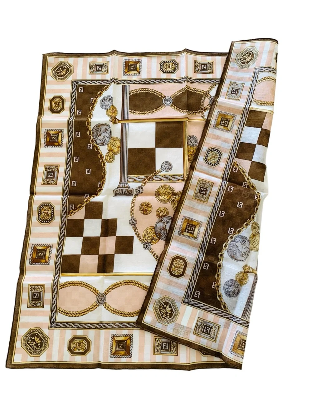 FENDI NWT 19” Square Handkerchief Scarf FF Logo Chain Coin Brown Pink Made Japan